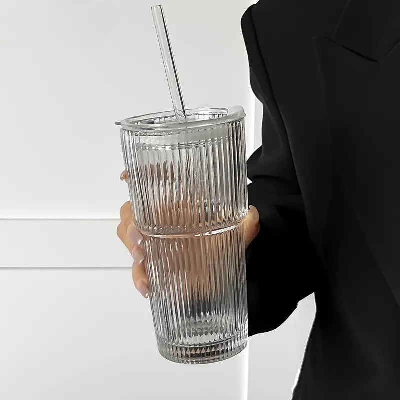 600 ml stribe glas kaffekop med låg og halm - gennemsigtig genanvendelig iskaffe og juice tumbler