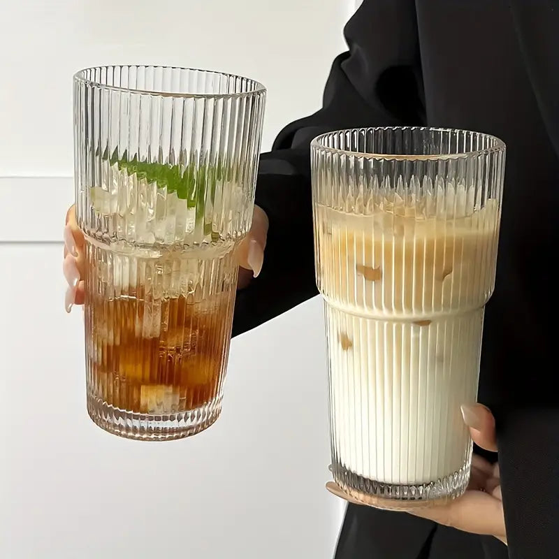 600 ml stribe glas kaffekop med låg og halm - gennemsigtig genanvendelig iskaffe og juice tumbler