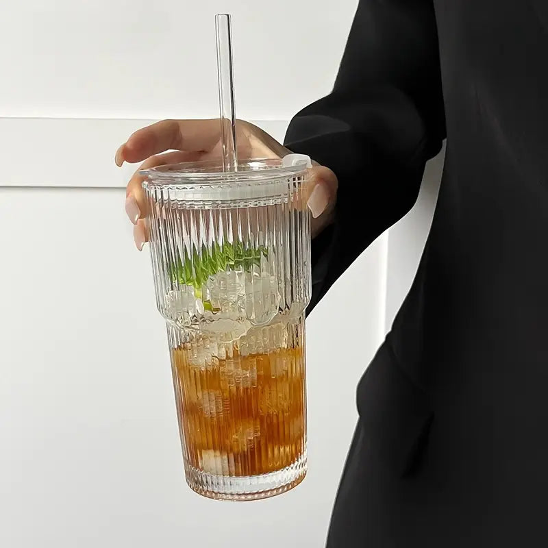 600 ml stribe glas kaffekop med låg og halm - gennemsigtig genanvendelig iskaffe og juice tumbler