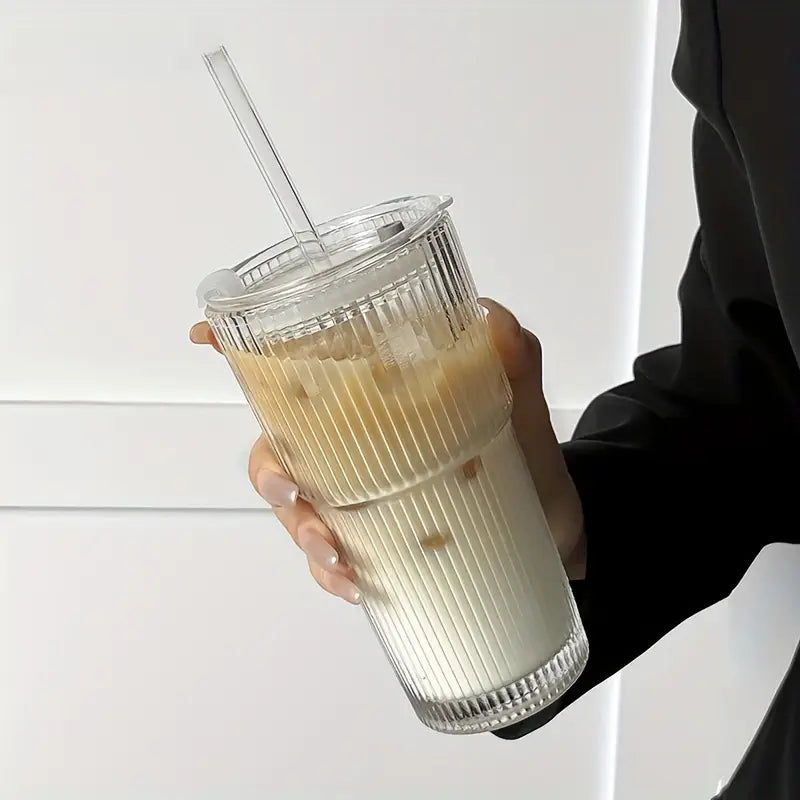 600 ml stribe glas kaffekop med låg og halm - gennemsigtig genanvendelig iskaffe og juice tumbler