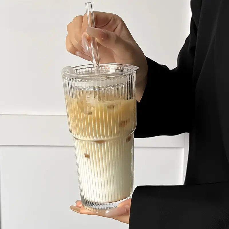 600 ml stribe glas kaffekop med låg og halm - gennemsigtig genanvendelig iskaffe og juice tumbler