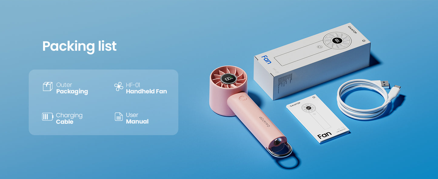 Gaiatop bærbar mini -ventilator med LED -display & lommelygte - 3 hastigheder, USB -genopladelig, håndholdt og desktop afkøling