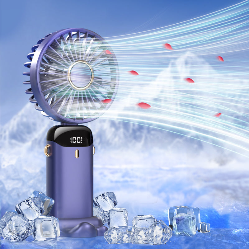 Håndholdt mini -fan - sammenfoldelig bærbar hals hængende ventilator med 5 hastigheder, LED -display & telefonstativ (USB genopladelig, 1800mAh)