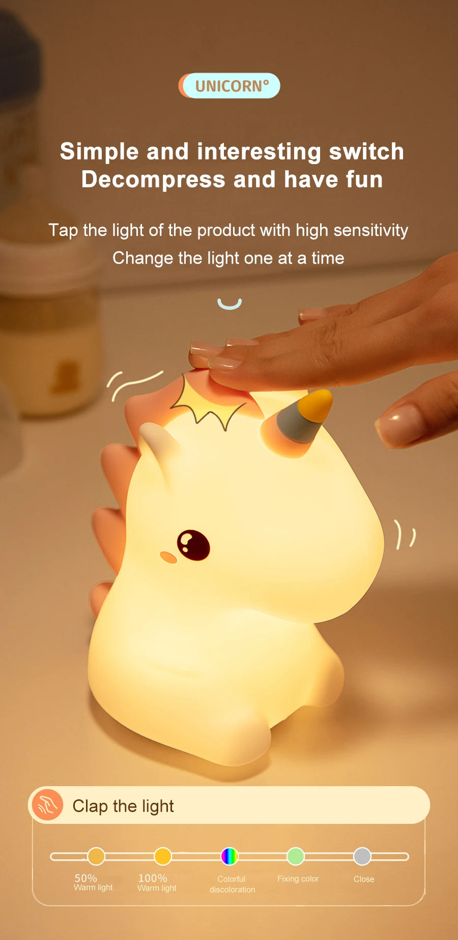 🦄 Silikonové LED noční světlo s jednorožcem
