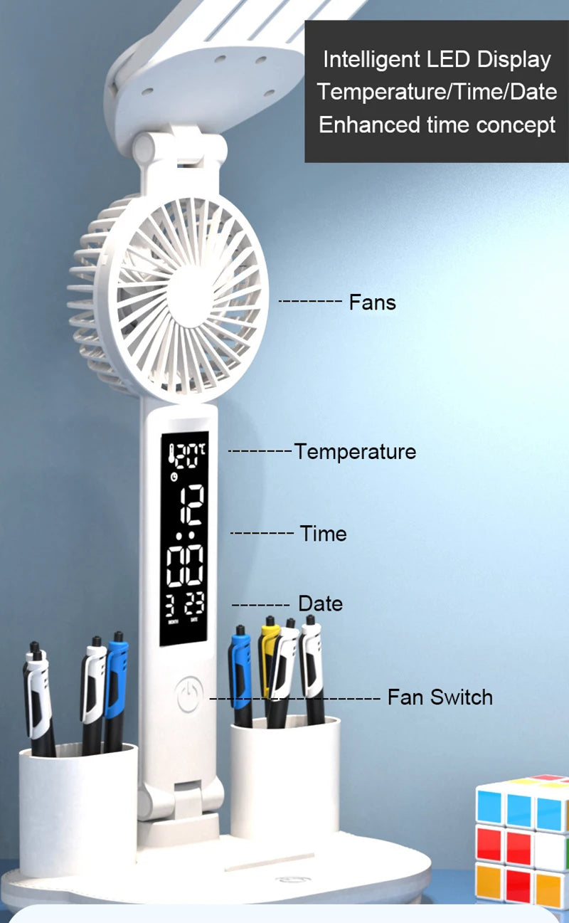 Dobíjecí stolní lampa pro studium, Světelné světlo LED stolní světlo s ventilátorem, LED hodiny čtení