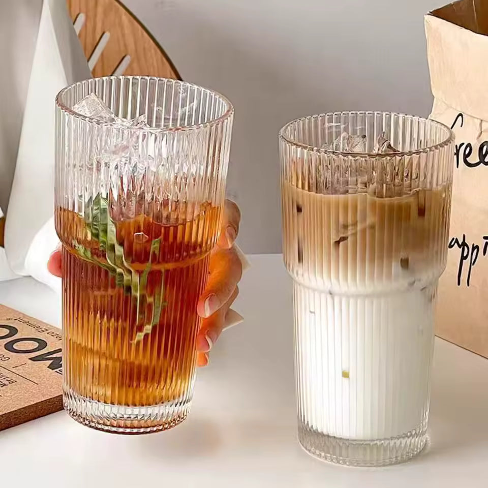 600 ml stribe glas kaffekop med låg og halm - gennemsigtig genanvendelig iskaffe og juice tumbler