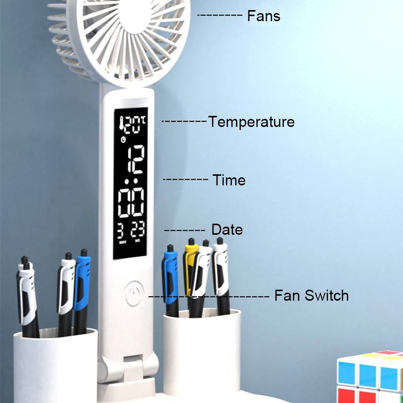 Dobíjecí stolní lampa pro studium, Světelné světlo LED stolní světlo s ventilátorem, LED hodiny čtení