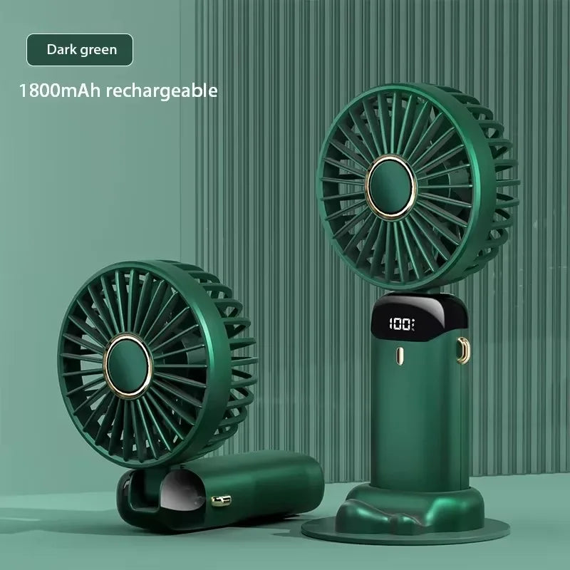 Håndholdt mini -fan - sammenfoldelig bærbar hals hængende ventilator med 5 hastigheder, LED -display & telefonstativ (USB genopladelig, 1800mAh)