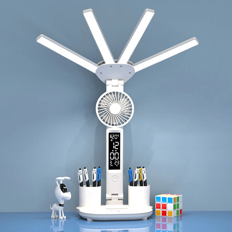 Dobíjecí stolní lampa pro studium, Světelné světlo LED stolní světlo s ventilátorem, LED hodiny čtení