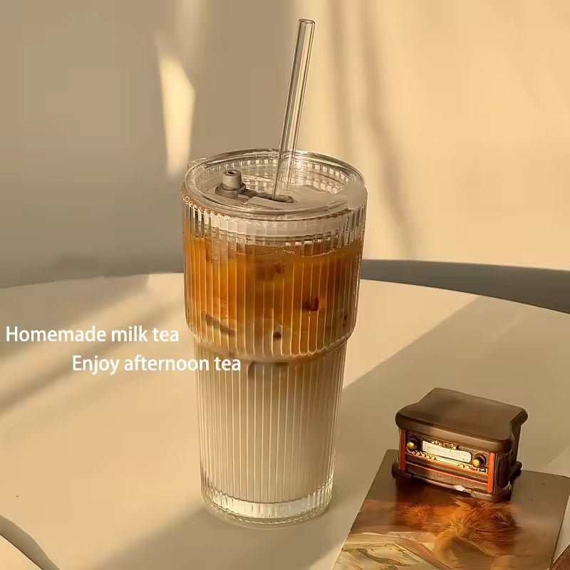 600 ml stribe glas kaffekop med låg og halm - gennemsigtig genanvendelig iskaffe og juice tumbler