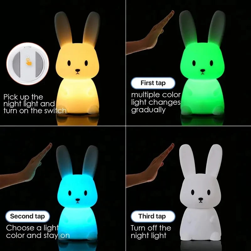 Solas oíche tadhaill glowbunny ™ - lampa coinín silicone bog le 7 dathanna & lasc ama do pháistí & seomraí leanbh