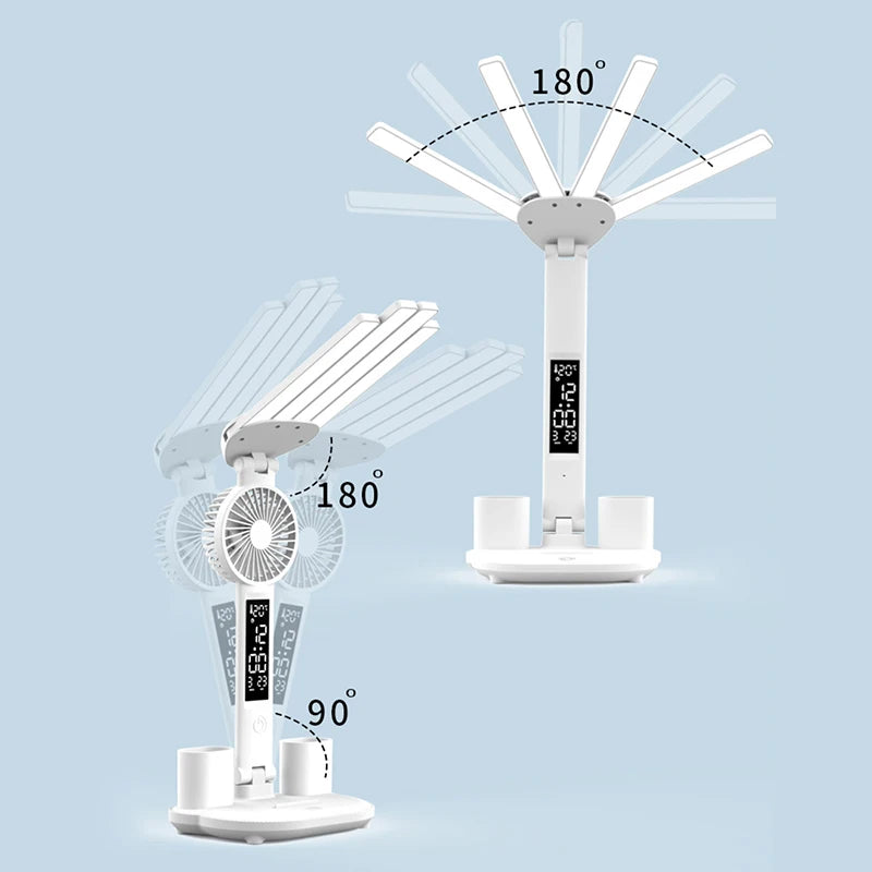 Dobíjecí stolní lampa pro studium, Světelné světlo LED stolní světlo s ventilátorem, LED hodiny čtení