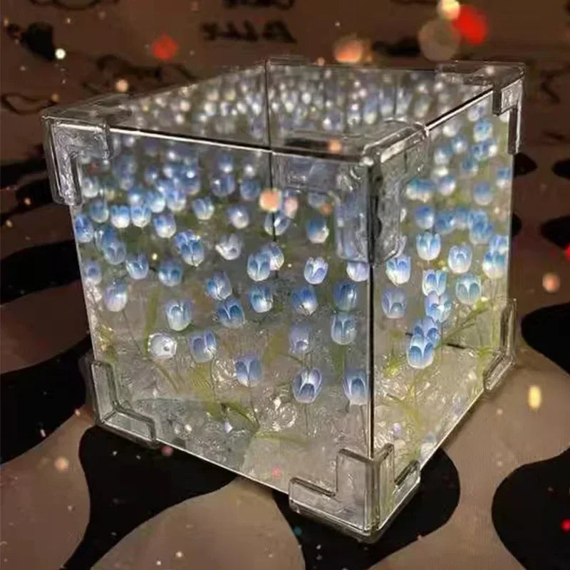 🌷 3Dチューリップフラワーシーキューブナイトライト - 光るクリスタルキューブの中の永遠の庭園