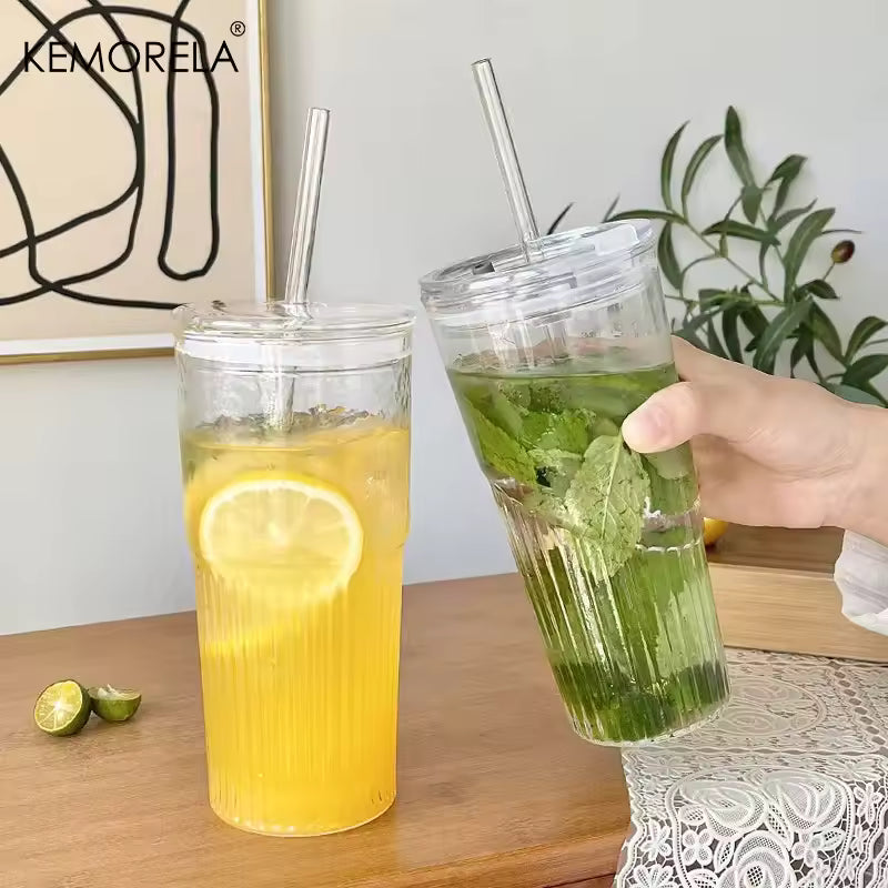 600 ml stribe glas kaffekop med låg og halm - gennemsigtig genanvendelig iskaffe og juice tumbler