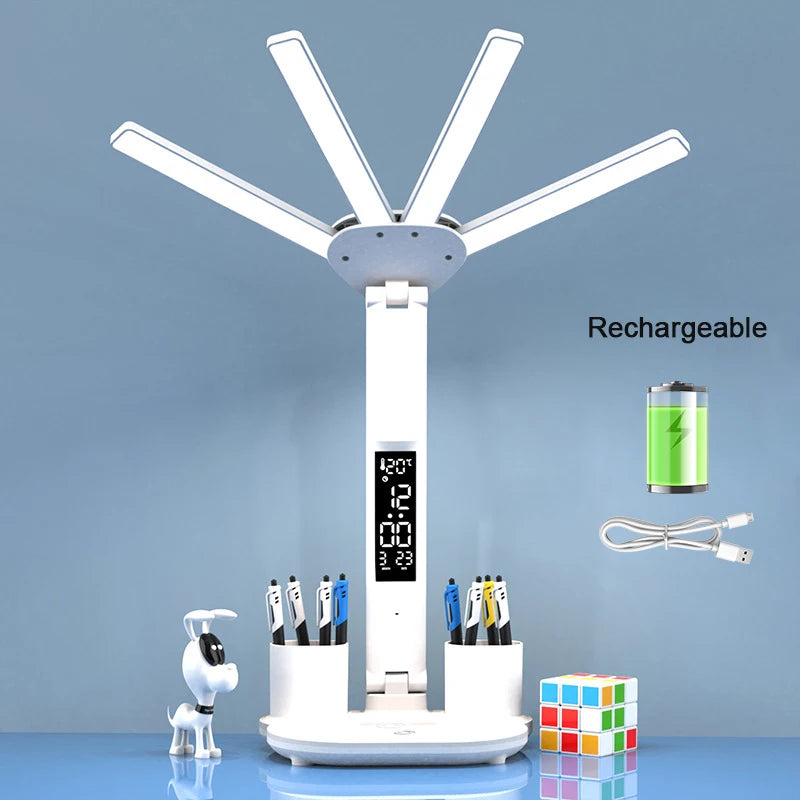 Dobíjecí stolní lampa pro studium, Světelné světlo LED stolní světlo s ventilátorem, LED hodiny čtení
