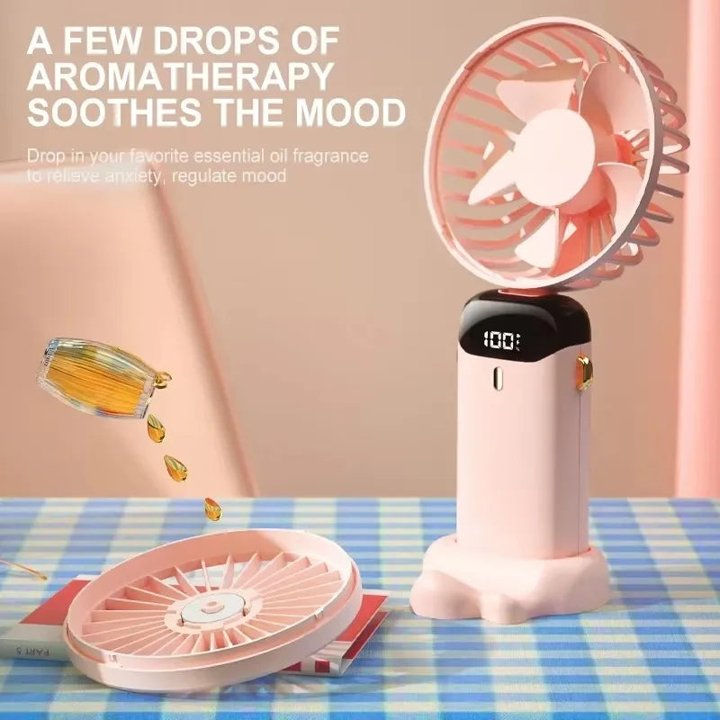 Håndholdt mini -fan - sammenfoldelig bærbar hals hængende ventilator med 5 hastigheder, LED -display & telefonstativ (USB genopladelig, 1800mAh)
