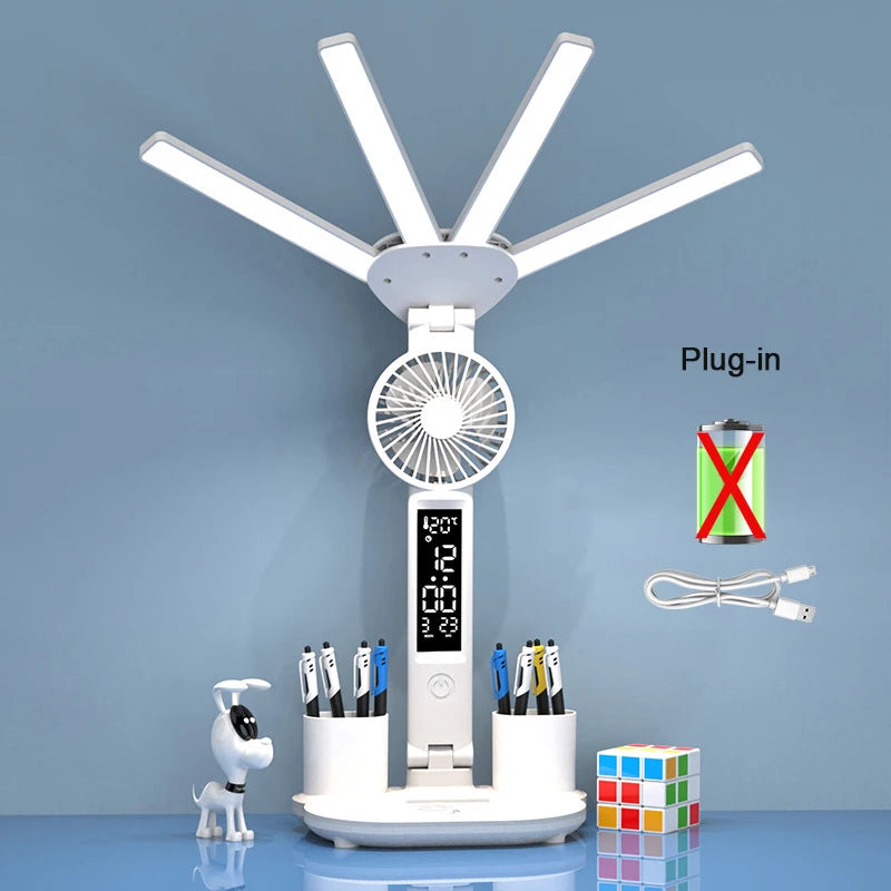 Dobíjecí stolní lampa pro studium, Světelné světlo LED stolní světlo s ventilátorem, LED hodiny čtení
