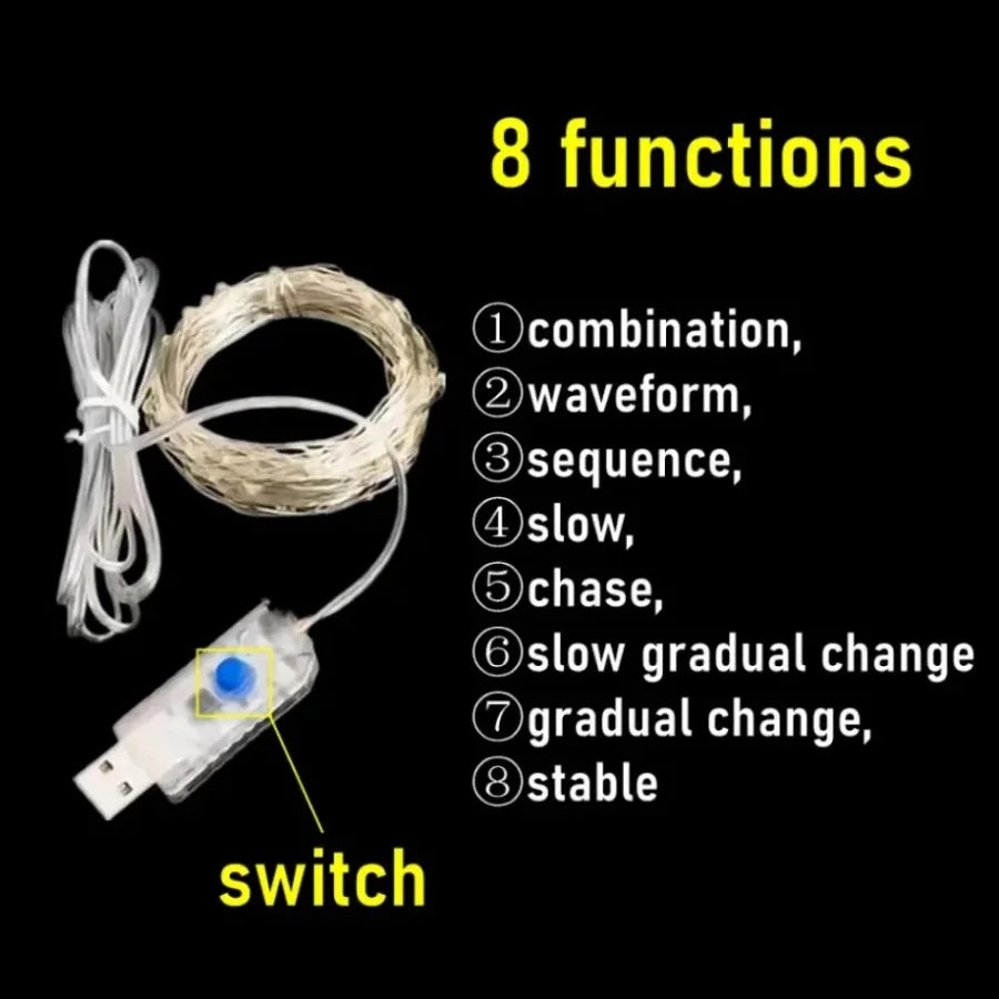 <tc>Lunvail</tc> ™ USB LED Fairy String Lights - 8 režimů | Indoor & Outdoor Decor | Více barev a délek