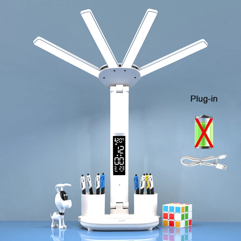Dobíjecí stolní lampa pro studium, Světelné světlo LED stolní světlo s ventilátorem, LED hodiny čtení