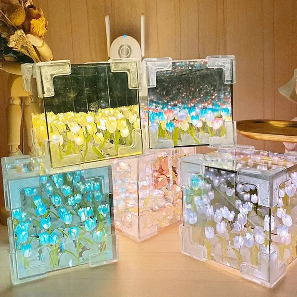 🌷 3Dチューリップフラワーシーキューブナイトライト - 光るクリスタルキューブの中の永遠の庭園