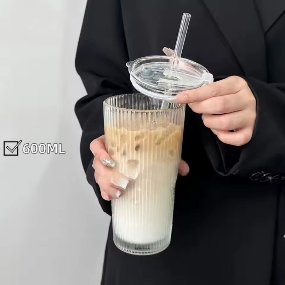 600 ml stribe glas kaffekop med låg og halm - gennemsigtig genanvendelig iskaffe og juice tumbler