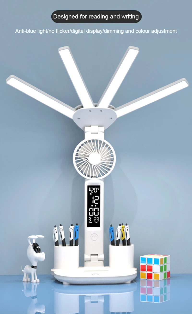 Dobíjecí stolní lampa pro studium, Světelné světlo LED stolní světlo s ventilátorem, LED hodiny čtení