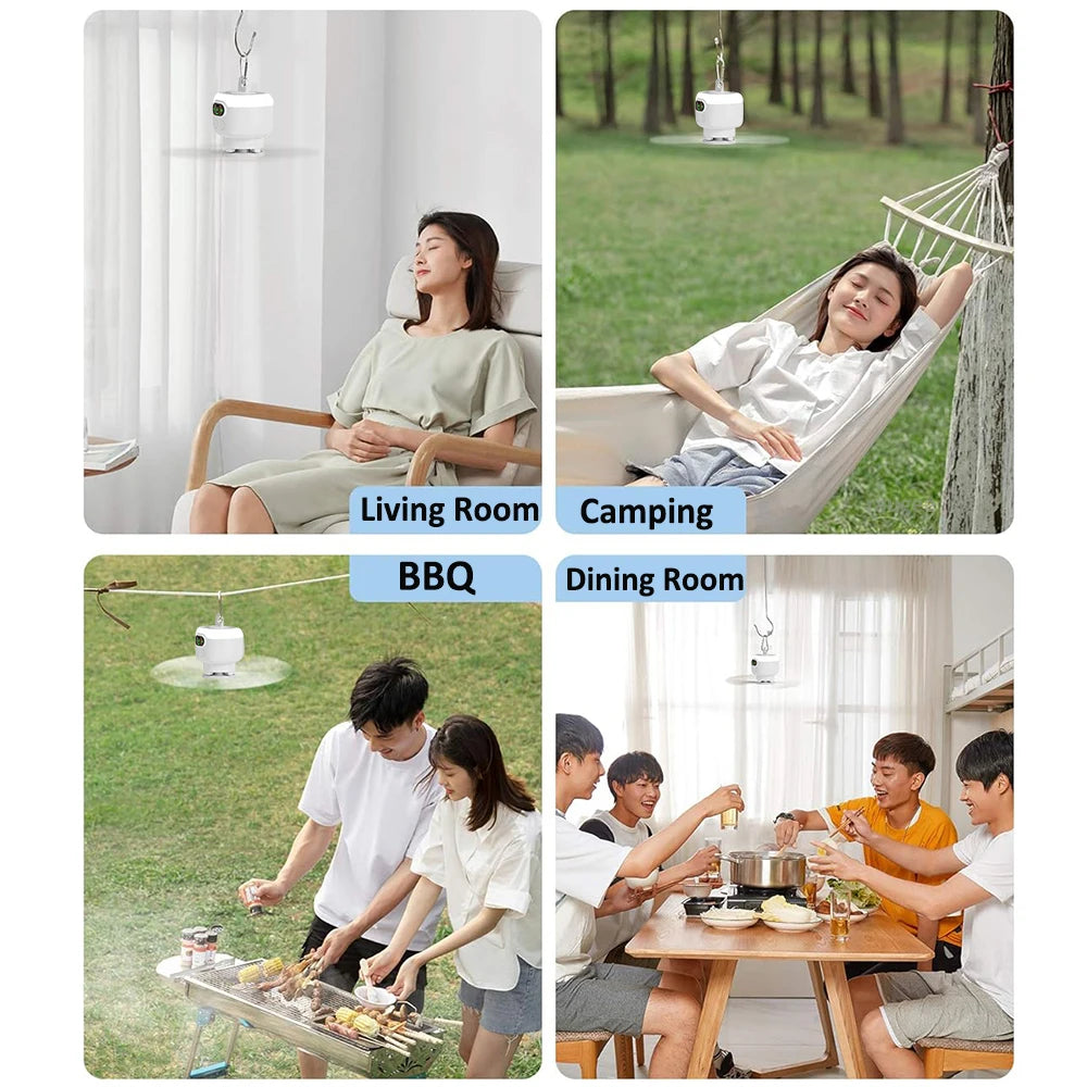 Fan uasteorainn lucht leanúna iniompartha campála puball uasteorainn lucht leanúna ceannbhrat 8000mAh lucht leanúna gan sreang athluchtaithe aeir le solas cianrialtáin le solas cianrialtáin