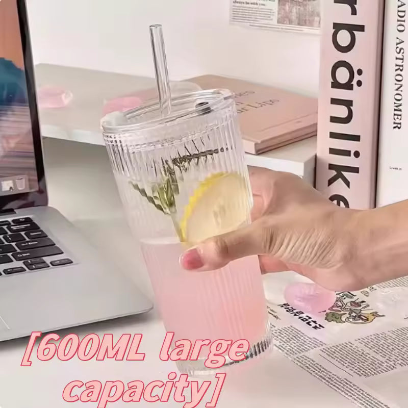600 ml stribe glas kaffekop med låg og halm - gennemsigtig genanvendelig iskaffe og juice tumbler