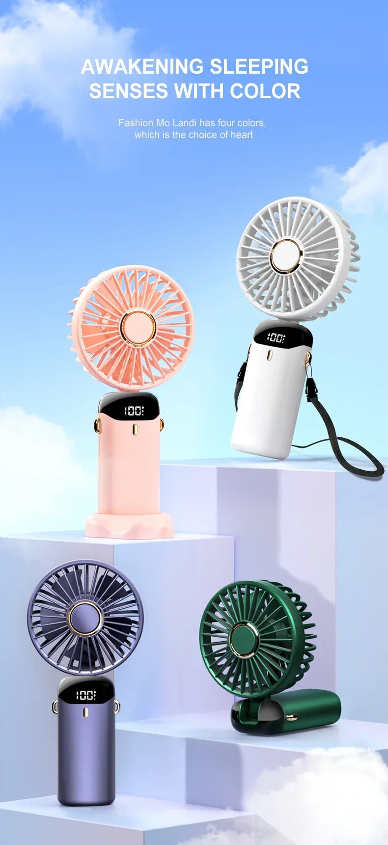 Håndholdt mini -fan - sammenfoldelig bærbar hals hængende ventilator med 5 hastigheder, LED -display & telefonstativ (USB genopladelig, 1800mAh)
