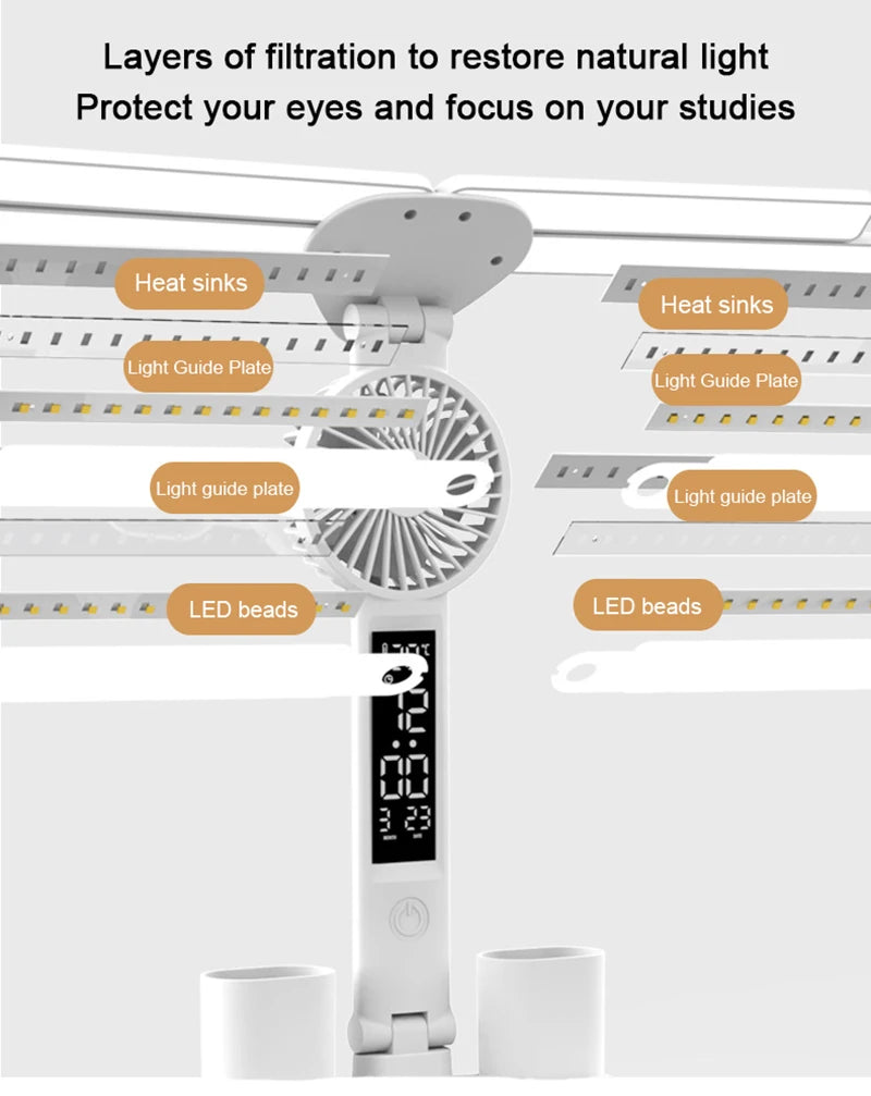 Dobíjecí stolní lampa pro studium, Světelné světlo LED stolní světlo s ventilátorem, LED hodiny čtení