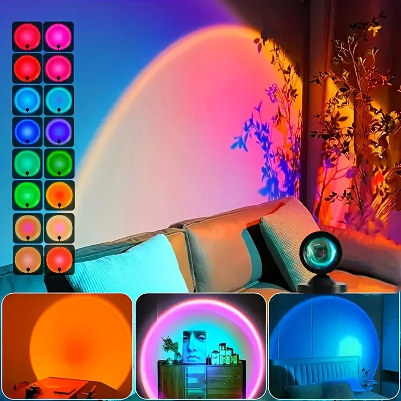 Projekční lampa při západu slunce - 16 barevných LED nočního světla s dálkovým ovládáním, RGB náladové světlo pro výzdobu místnosti, fotografie a dárky