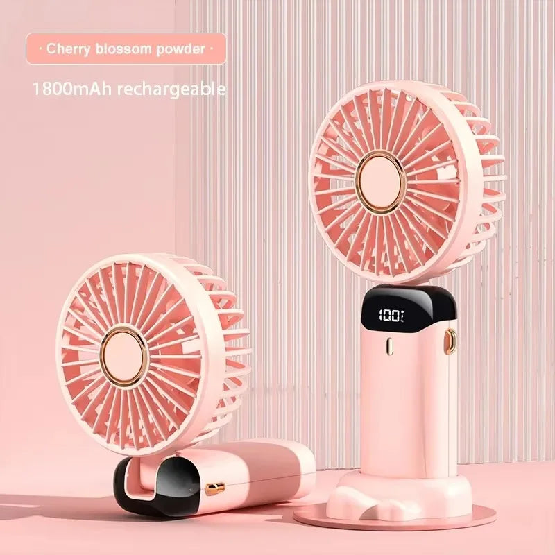 Håndholdt mini -fan - sammenfoldelig bærbar hals hængende ventilator med 5 hastigheder, LED -display & telefonstativ (USB genopladelig, 1800mAh)