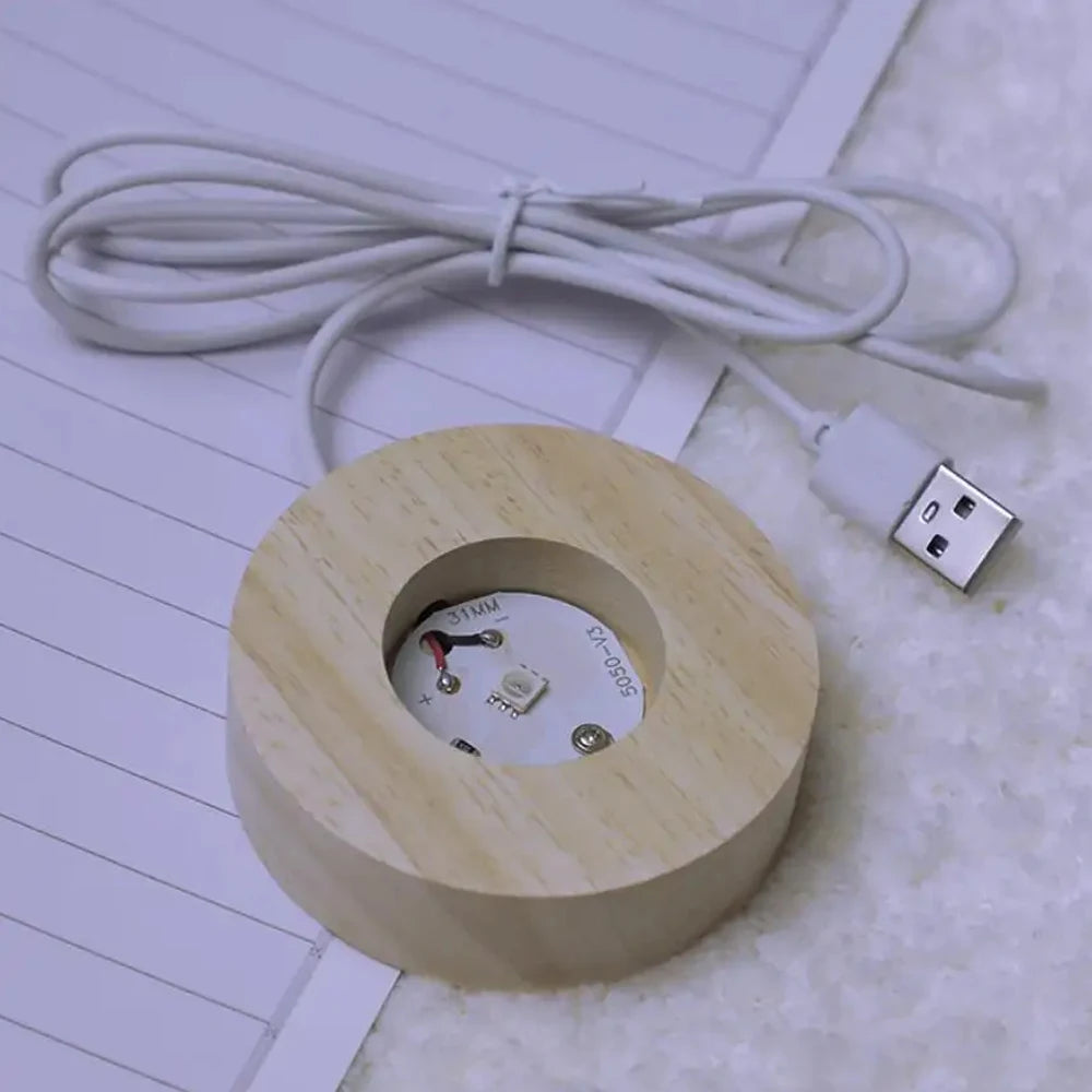 Solas Oíche Liathróid Léasair 3D Laser - Lampa faoi stiúir USB le bonn adhmaid