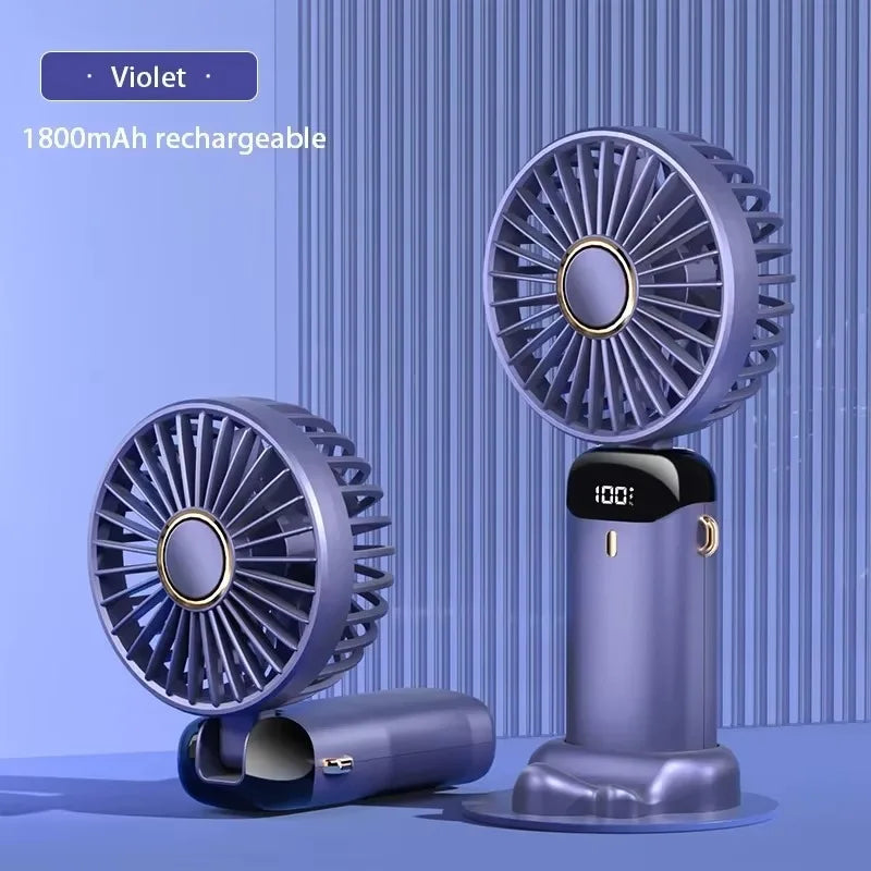 Håndholdt mini -fan - sammenfoldelig bærbar hals hængende ventilator med 5 hastigheder, LED -display & telefonstativ (USB genopladelig, 1800mAh)