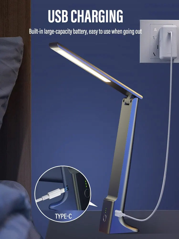Lampa deisce faoi stiúir fillte-Rialú tadhaill in-athluchtaithe USB, cosaint súl, solas 3-dath dimmable le haghaidh staidéir, oifige agus cois leapa