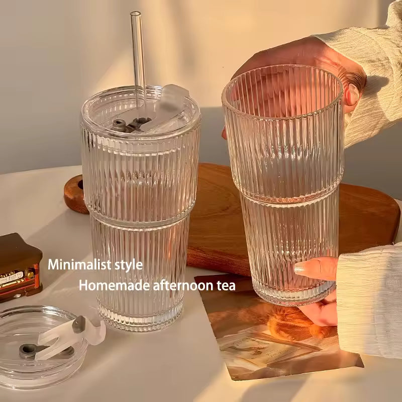 600 ml stribe glas kaffekop med låg og halm - gennemsigtig genanvendelig iskaffe og juice tumbler