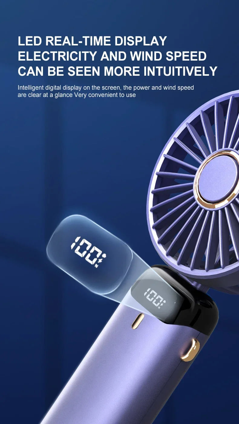 Håndholdt mini -fan - sammenfoldelig bærbar hals hængende ventilator med 5 hastigheder, LED -display & telefonstativ (USB genopladelig, 1800mAh)