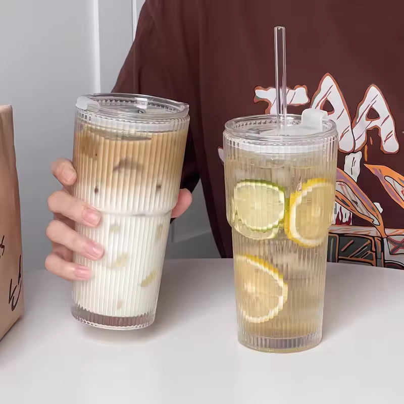 600 ml stribe glas kaffekop med låg og halm - gennemsigtig genanvendelig iskaffe og juice tumbler