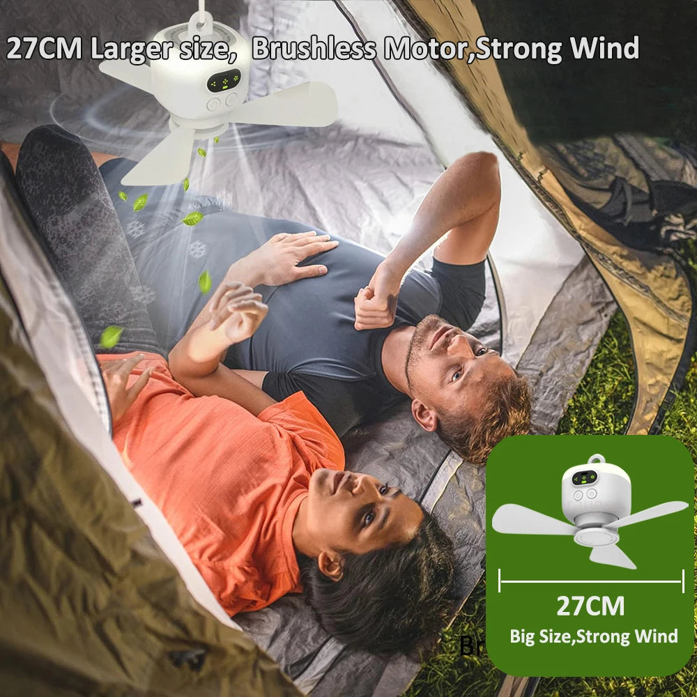 Fan uasteorainn lucht leanúna iniompartha campála puball uasteorainn lucht leanúna ceannbhrat 8000mAh lucht leanúna gan sreang athluchtaithe aeir le solas cianrialtáin le solas cianrialtáin