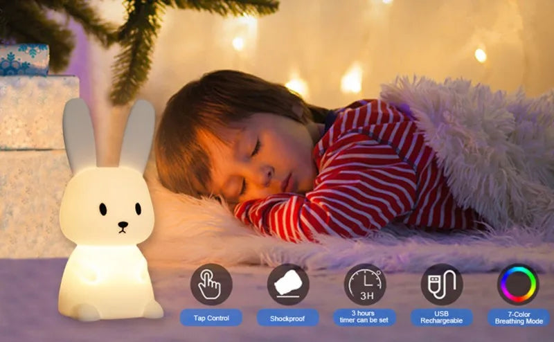 Solas oíche tadhaill glowbunny ™ - lampa coinín silicone bog le 7 dathanna & lasc ama do pháistí & seomraí leanbh