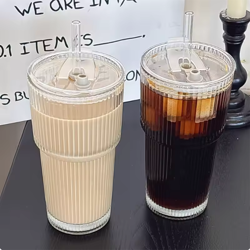 600 ml stribe glas kaffekop med låg og halm - gennemsigtig genanvendelig iskaffe og juice tumbler