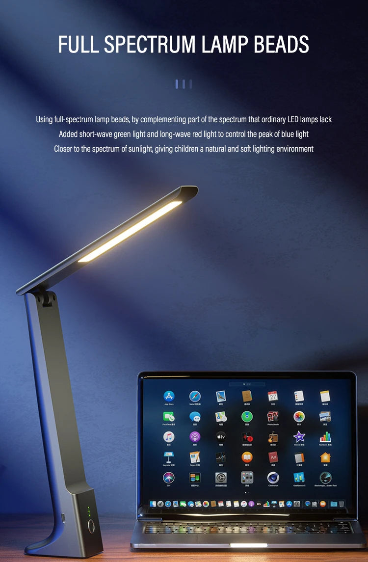 Lampa deisce faoi stiúir fillte-Rialú tadhaill in-athluchtaithe USB, cosaint súl, solas 3-dath dimmable le haghaidh staidéir, oifige agus cois leapa