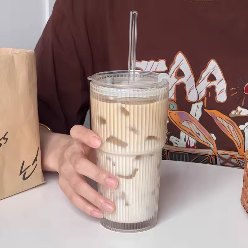 600 ml stribe glas kaffekop med låg og halm - gennemsigtig genanvendelig iskaffe og juice tumbler