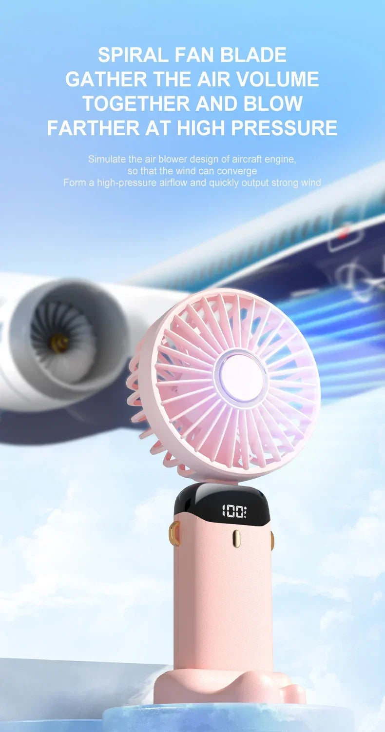 Håndholdt mini -fan - sammenfoldelig bærbar hals hængende ventilator med 5 hastigheder, LED -display & telefonstativ (USB genopladelig, 1800mAh)