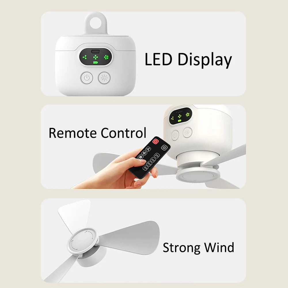 Fan uasteorainn lucht leanúna iniompartha campála puball uasteorainn lucht leanúna ceannbhrat 8000mAh lucht leanúna gan sreang athluchtaithe aeir le solas cianrialtáin le solas cianrialtáin