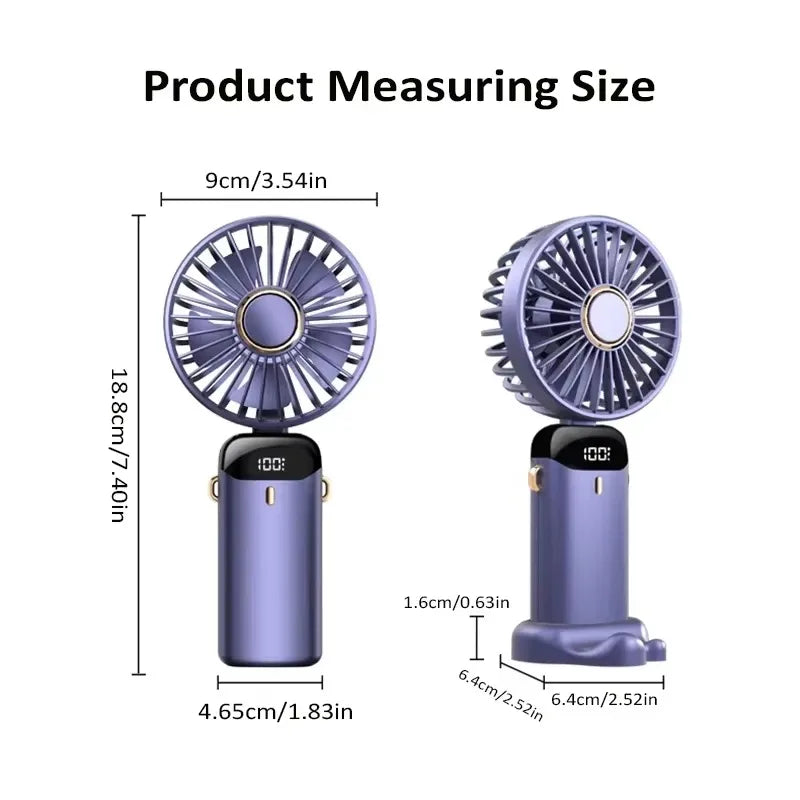 Håndholdt mini -fan - sammenfoldelig bærbar hals hængende ventilator med 5 hastigheder, LED -display & telefonstativ (USB genopladelig, 1800mAh)