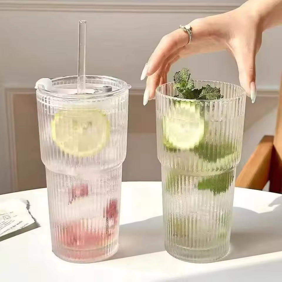 600 ml stribe glas kaffekop med låg og halm - gennemsigtig genanvendelig iskaffe og juice tumbler
