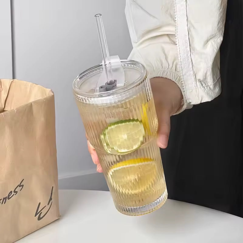 600 ml stribe glas kaffekop med låg og halm - gennemsigtig genanvendelig iskaffe og juice tumbler