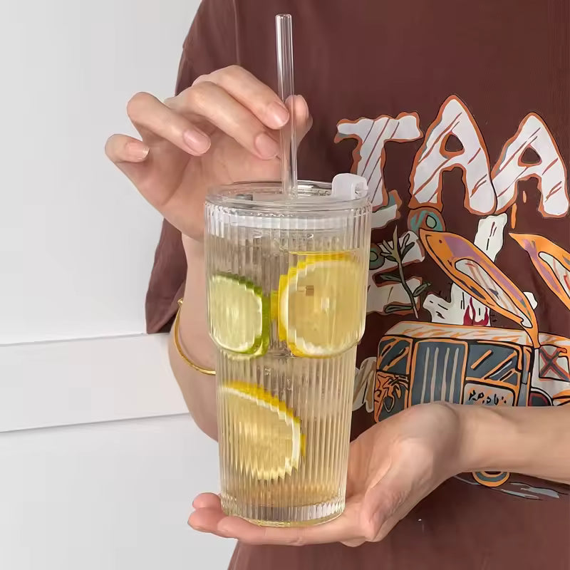 600 ml stribe glas kaffekop med låg og halm - gennemsigtig genanvendelig iskaffe og juice tumbler