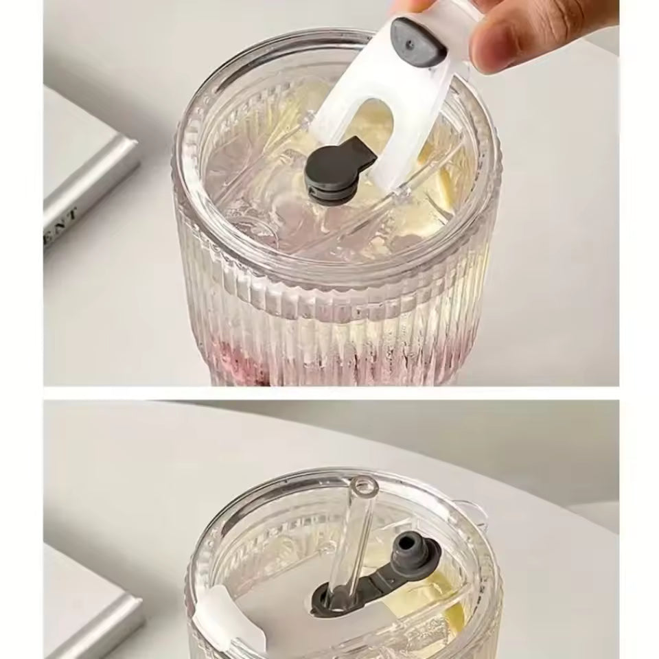 600 ml stribe glas kaffekop med låg og halm - gennemsigtig genanvendelig iskaffe og juice tumbler